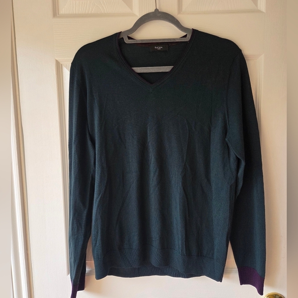 Paul Smith London Men's Merino Wool Sweater S V Neck Midnight Green and Purple